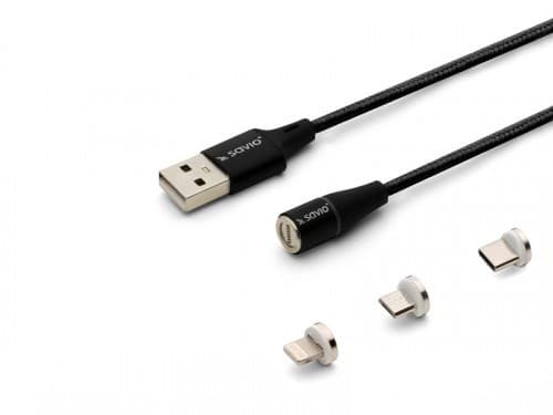 SAVIO CL-152 - Lade-/datakabelsett - USB hann til 24 pin USB-C, Micro-USB type B, Lightning hann avtakbar og magnetisk - 1 m - svart