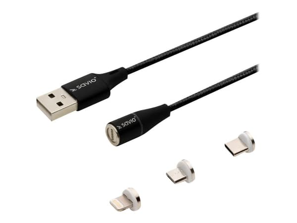 SAVIO CL-152 - Lade-/datakabelsett - USB hann til 24 pin USB-C, Micro-USB type B, Lightning hann avtakbar og magnetisk - 1 m - svart