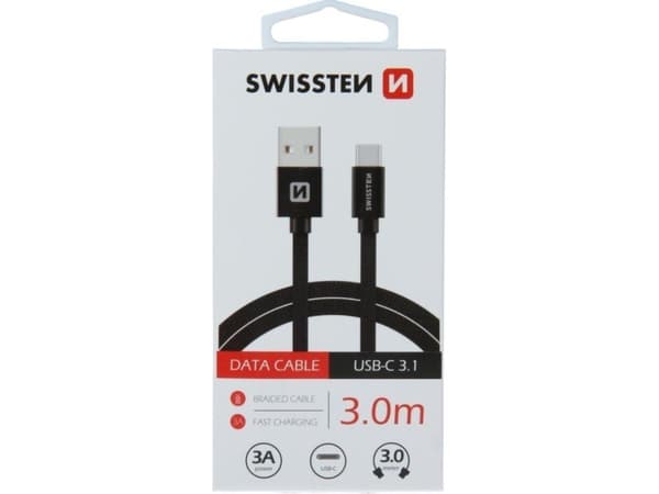 Swissten textil USB - USB-C 3.0m svart