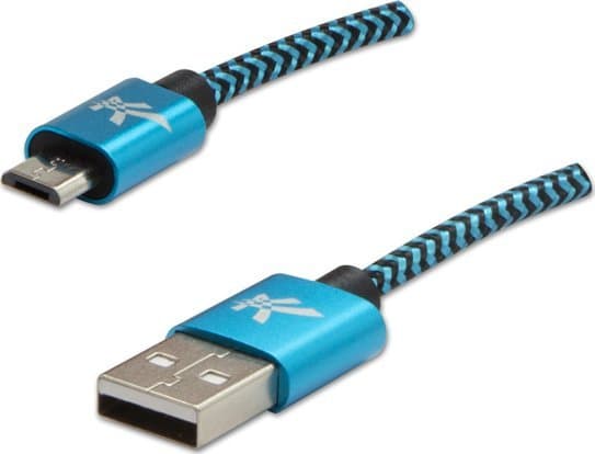 USB cable USB cable (2.0), USB A M - USB micro B M, 2m, 480 Mb/s, 5V/1A, blue, Logo, box, nylon braid, aluminum connector cover