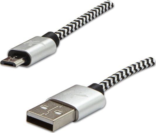 USB cable USB cable (2.0), USB A M - USB micro B M, 2m, 480 Mb/s, 5V/1A, silver, Logo, box, nylon braid, aluminum connector cover