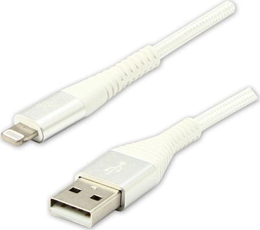 USB cable USB cable (2.0), USB A M - Apple Lightning C89 M, 2m, MFi certificate, 5V/2.4A, white, Logo, box, nylon braid, aluminum cover