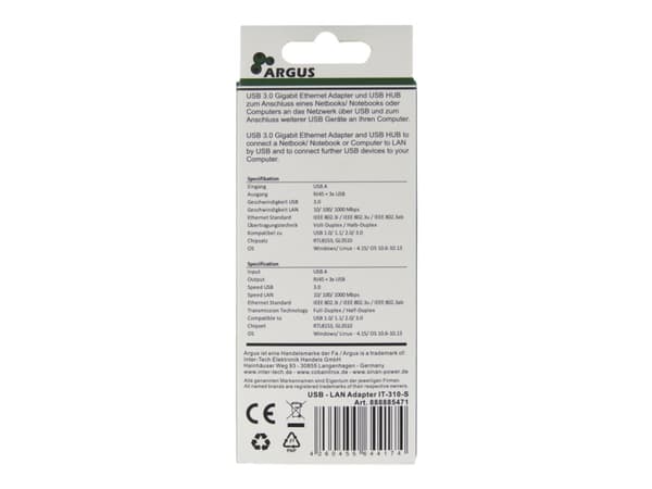 Argus IT-310-S - Hubb - 3 x SuperSpeed USB 3.0 + 1 x 10/100/1000 - skrivbordsmodell