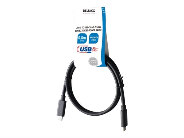 DELTACO - USB-kabel - 24 pin USB-C (hann) til 24 pin USB-C (hann) - 80 cm - USB Power Delivery (240 W) - svart