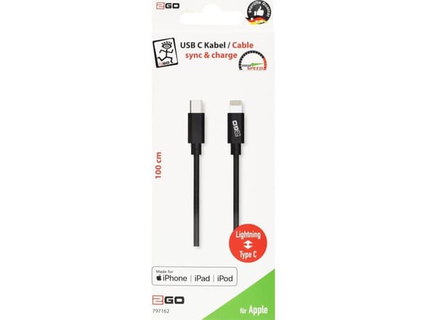2GO 797162, 1 m, Lightning, USB C, Hankjønn, Hankjønn, Sort