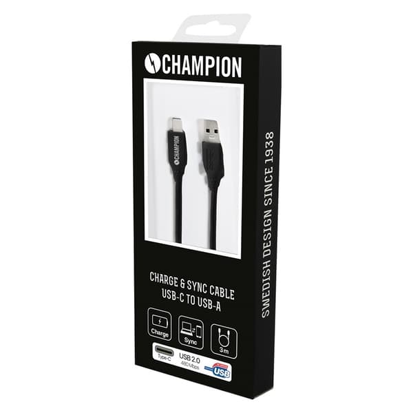 Champion USB-A til USB-C-kabel 3 m, svart