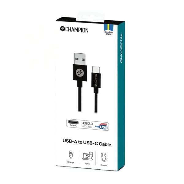 Champion USB-A til USB-C-kabel 3 m, svart