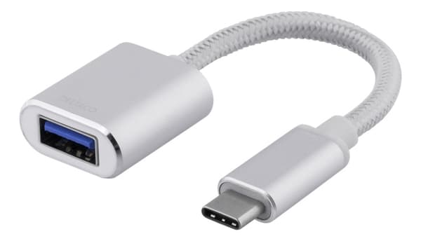 DELTACO USB-C 3.1 Gen 1 to USB-A OTG adapter, alu, white bag, silver