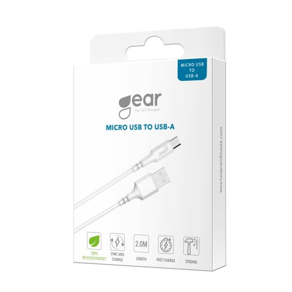 Gear Pyöreä latauskaapeli MicroUSB-USB-A 2m Valkoinen