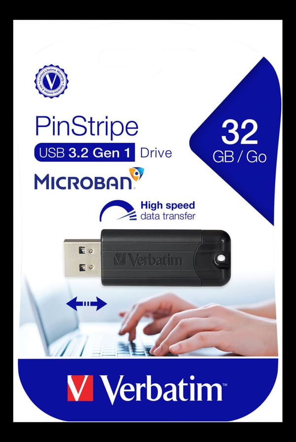 Verbatim PinStripe USB-minnepinne, 32 GB, USB 3.0, uttrekkbar kontakt, svart