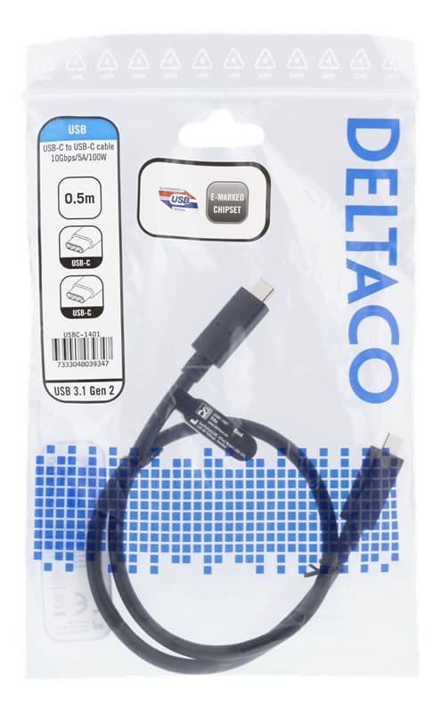 DELTACO USB-C til USB-C-kabel, 0,5 m, 10 Gbps, 100 W 5A, USB 3.1 Gen 2,