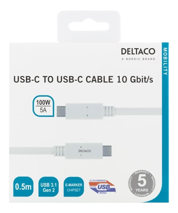 DELTACO USB-C till USB-C-kabel, 0,5m, 10Gbps, 100W 5A, USB 3.1 Gen 2,