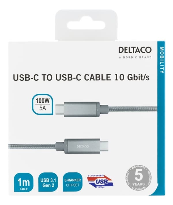 DELTACO USB-C SuperSpeed -kaapeli, 1m, USB 3.1 Gen 1, 100W, hopea