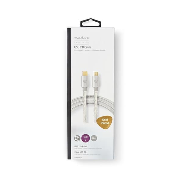 Nedis USB-kabel | USB 2.0 | USB-C™ Hane | USB Micro-B Hane | 10 W | 480 Mbps | Guldplaterad | 2.00 m | Rund | Flätad / Nylon | Aluminium | Kartong med