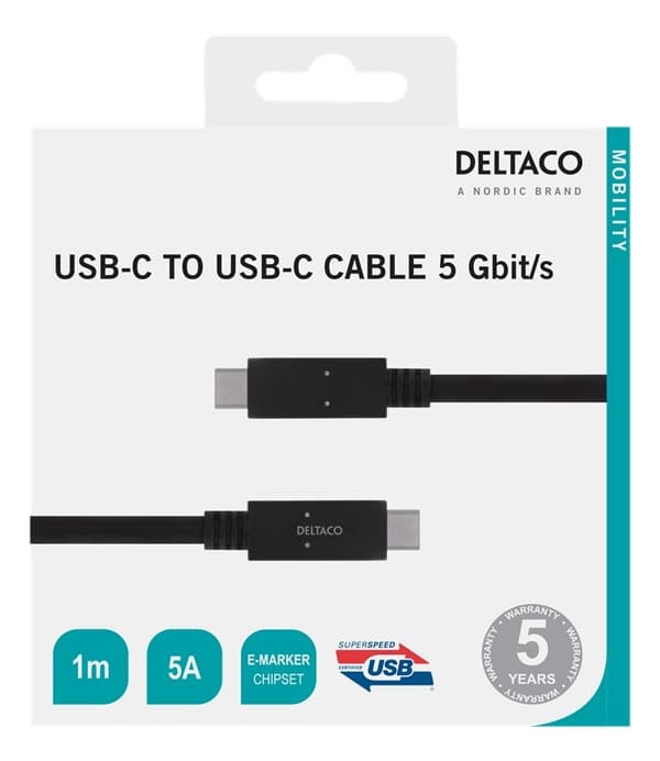 DELTACO USB-C-kaapeli, 5Gbit/s, 5A, 1m, musta