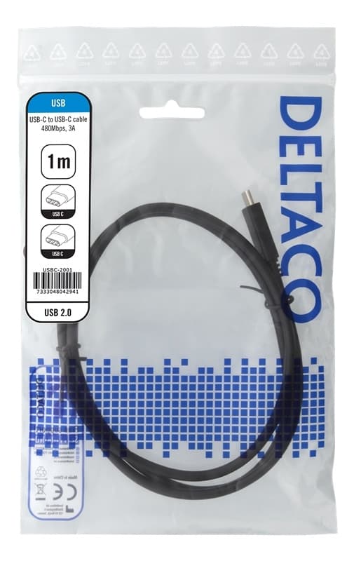 DELTACO USB 2.0 kabel, Typ C - Typ C, 1m, svart