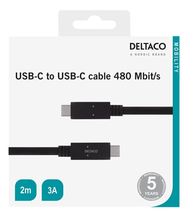 DELTACO USB 2.0 USB-C till USB-C-kabel, 2 m, USB-IF, 480 Mbit/s, svart