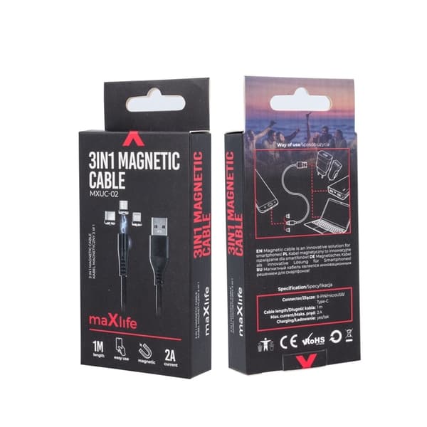 Maxlife MXUC-02 Magnetisk 3-i-1-ladekabel (lyn/USB-C/microUSB) hurtiglading (2A), svart
