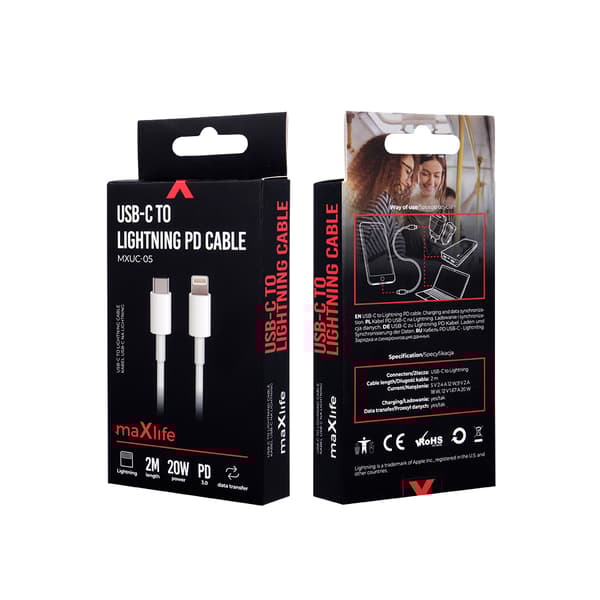 Maxlife MXUC-05 Power Direct USB-C til Lightning-kabel 2,0 m 20W, hvit