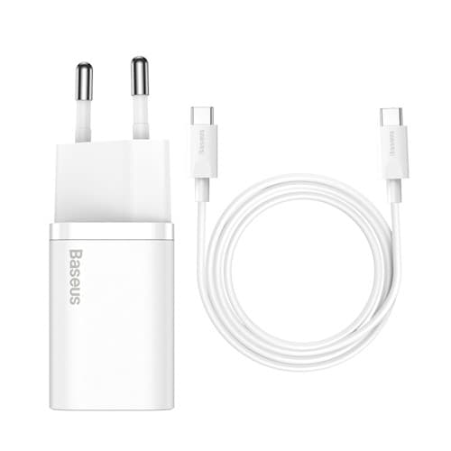 Baseus vægoplader Super Si PD 25W 1x USBC + USB-C - USB-C kabel, hvid Hvid