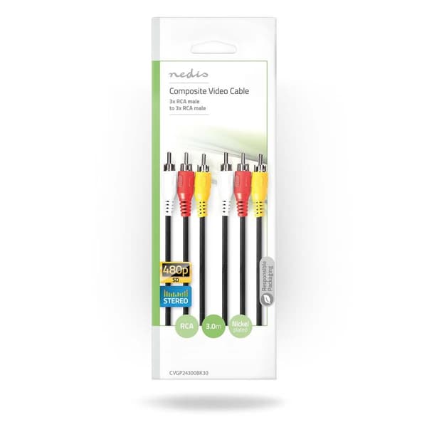 Nedis Komposit videokabel | 3x RCA Hane | 3x RCA Hane | Nickelplaterad | 480p | 3.00 m | Rund | PVC | Svart | Kuvert