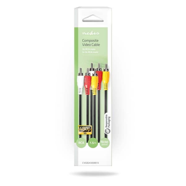 Nedis Kompositt videokabel | 3x RCA Han | 3x RCA Han | Nikkel belagt | 480p | 1.50 m | Rund | PVC | Sort | Boks