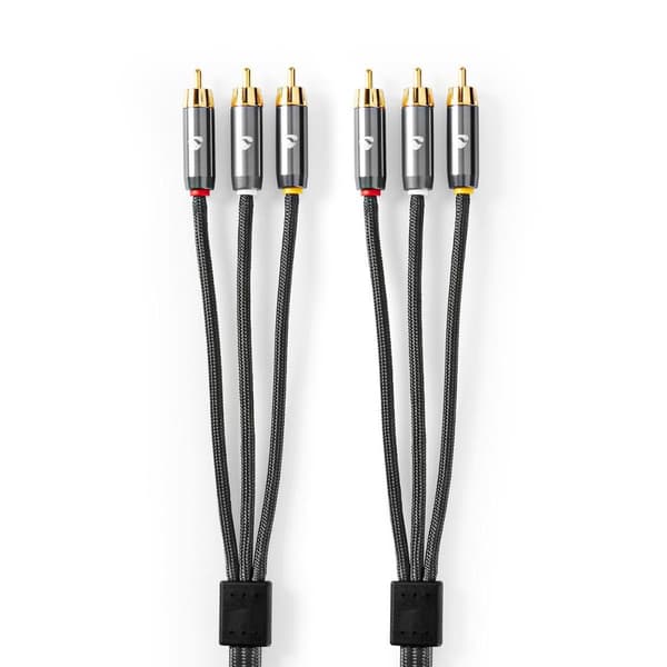 Nedis Composite Video kabel | 3x RCA Han | 3x RCA Han | Guldplateret | 480p | 2.00 m | Runde | Bomuld | Antracit / Gun Metal Grå | Cover Window Box