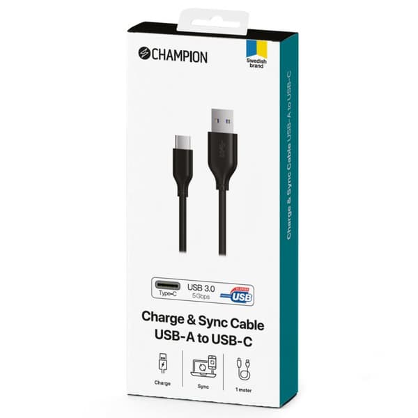 Champion USB-A til USB-C-kabel 1 m svart