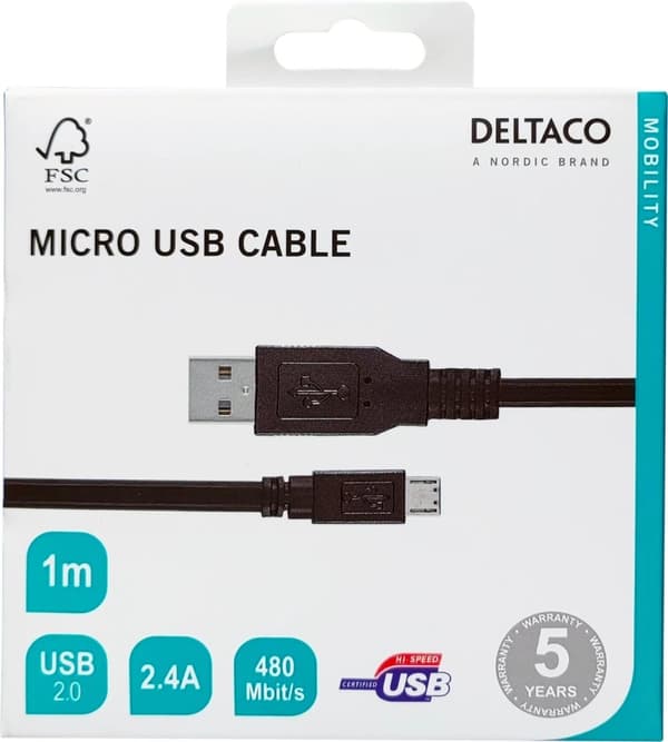DELTACO USB 2.0 kabel till Micro-USB kabel, 1m (MICRO-101)
