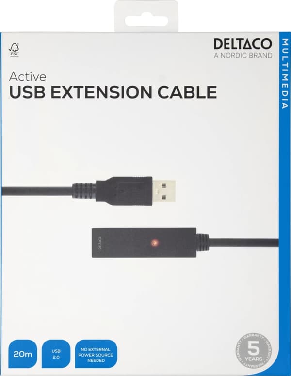 DELTACO PRIME, USB förlängningskabel, aktiv, USB 2.0, 20m (USB2-EX20M)