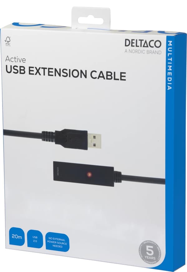 DELTACO PRIME, USB förlängningskabel, aktiv, USB 2.0, 20m (USB2-EX20M)