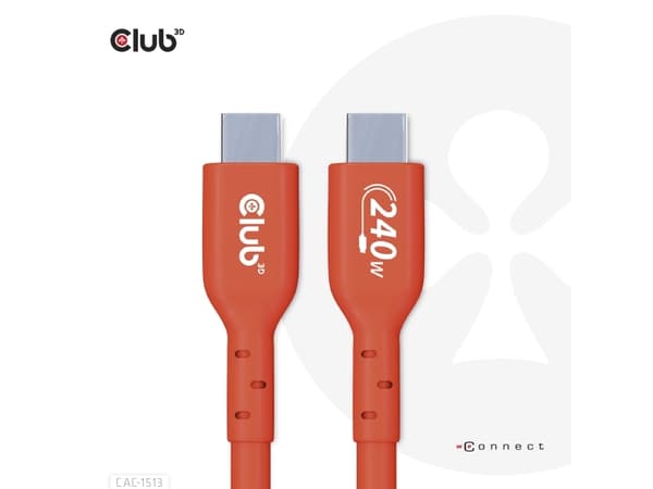 Club 3D - USB-kabel - 24 pin USB-C (hann) til 24 pin USB-C (hann) - 48 V - 5 A - 3 m - toretnings, opp til 240 W strømforsyningsstøtte, utvidet effek