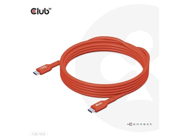 Club 3D - USB-kabel - 24 pin USB-C (hann) til 24 pin USB-C (hann) - 48 V - 5 A - 3 m - toretnings, opp til 240 W strømforsyningsstøtte, utvidet effek