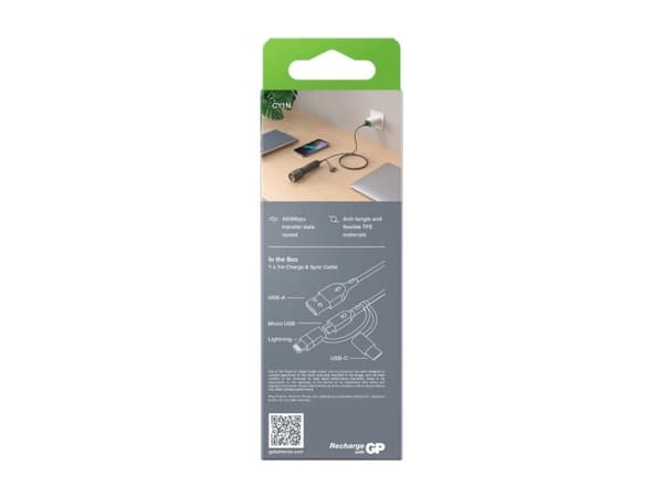 GP Batteries CY1N, 1 m, USB A, USB C/Micro-USB B/Lightning, 0,48 Gbit/s, Grå