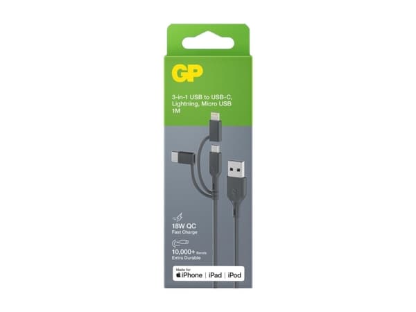 GP Batteries CY1N, 1 m, USB A, USB C/Micro-USB B/Lightning, 0,48 Gbit/s, Grå
