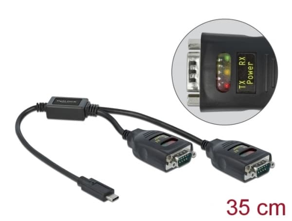 Delock Adapter USB Type-C to 2 x Serial RS-232 DB9 with 15 kV ESD protection - Seriell adapter - USB-C - RS-232 x 2
