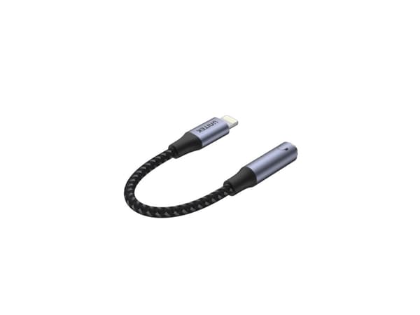 Unitek - Lightning til hodetelefonjakk-adapter - Lightning hann til minijakk hunn - 13.8 cm - svart, romgrå