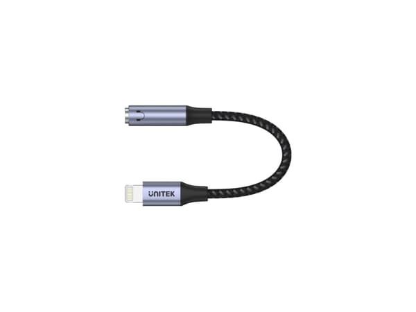 Unitek - Lightning til hodetelefonjakk-adapter - Lightning hann til minijakk hunn - 13.8 cm - svart, romgrå