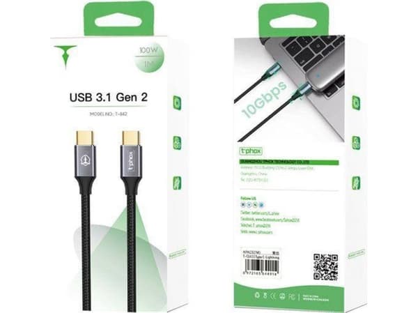 USB cable T-Phox CABLE T-PHOX FENCING USB-C/USB-C 20V/5A(100W)/USB3.1/10Gbps/4K/1M BLACK