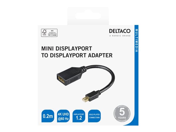 DELTACO - DisplayPort-adapter - Mini DisplayPort (hann) til DisplayPort (hunn) - 20 cm - 1920 x 1080 at 240 Hz support, 4K75Hz (3840 x 2160) support,