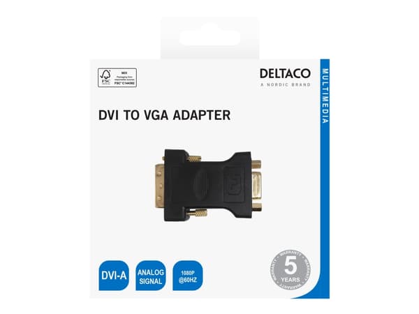 DELTACO - Video adapter - DVI-A (hann) til 15 pin VGA (hunn) - passiv, analog, 1080p-støtte - svart