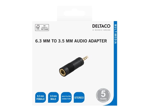 DELTACO - Hörlursadapter - 6,35 mm ljudkontakt hona till 3,5 mm ljuduttag hane