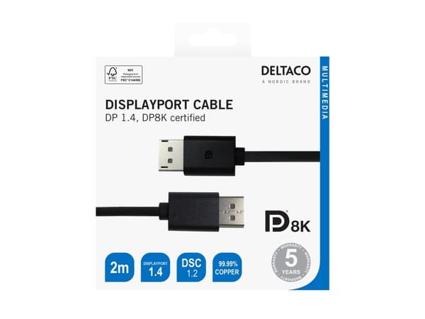 DELTACO - DisplayPort-kabel - DisplayPort (hann) til DisplayPort (hann) - DisplayPort 1.4 - 2 m - 8 K 60 Hz (7680 x 4320) støtte, opptil 32,4 Gbps-da