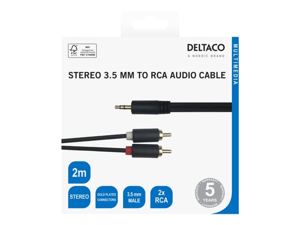 DELTACO - Lydkabel - 3,5 mm telefonjakk hann til RCA x 2 hann - 2 m - svart