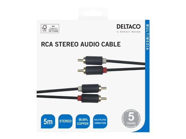 Audio cable, 2xRCA, gold-plated connectors, 5m, black