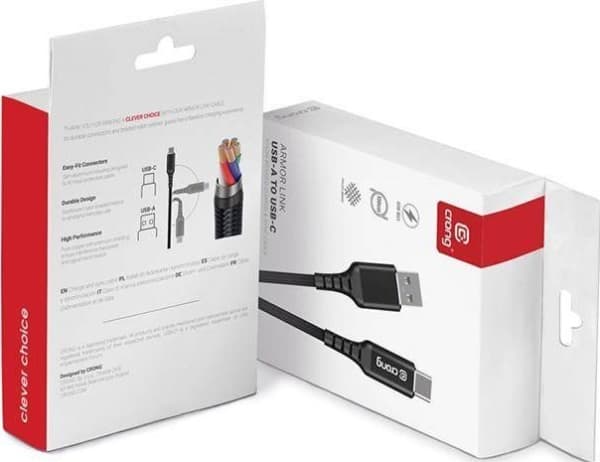 Crong Crong Armor Link USB Cable - 60W 3A USB-A to USB-C Braided Cable 25cm (Black)