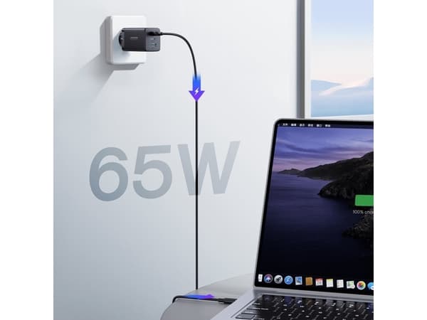 Joyroom laddare TCG01 GaN 65W 2x USB-C, 1x USB-A svart + USB-C/USB-C 100W 1,2 m kabel