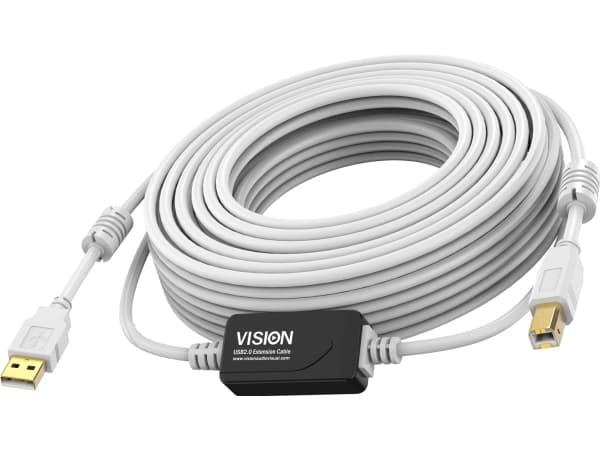 Vision White USB 2.0-kabel 10m, 10m, USB A, USB B, USB 2.0, 480 Mbit/s, hvit