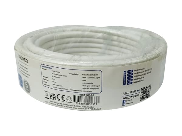 DELTACO - Bulkkabel - 10 m - dubbelt skärmad - vit - for RG6 installation