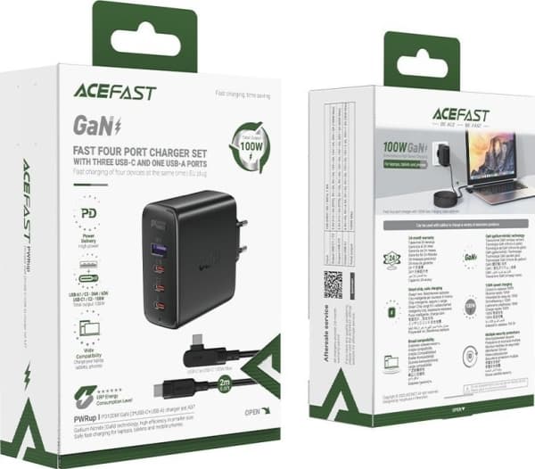 Acefast Acefast GaN 3xUSB-C/1xUSB-A 100W snabbladdare svart + USB-C - USB-C 100W vinkelkabel 2m svart